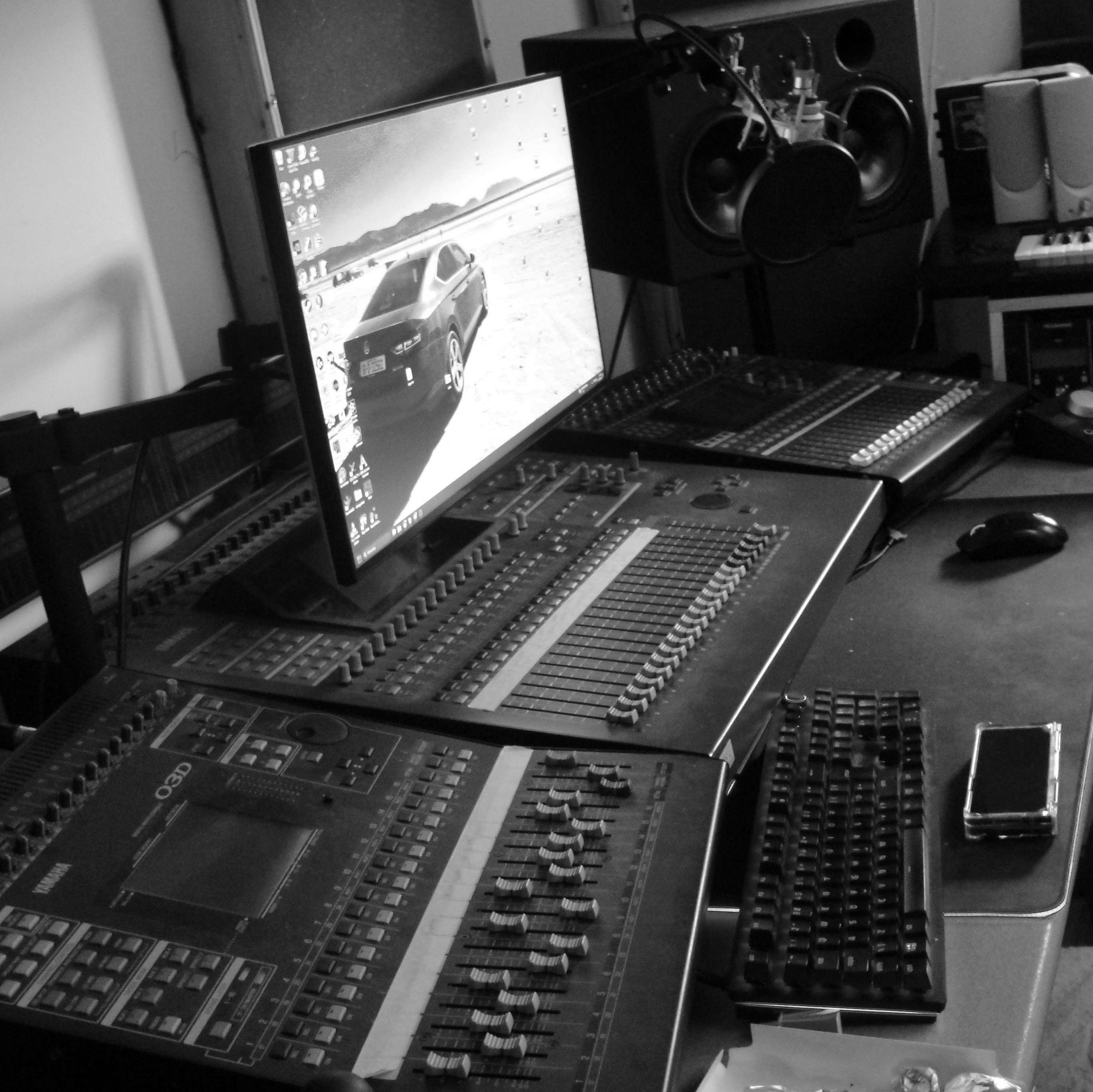 KSF Audio studio with digital mixing consoles, monitor and loudspeakers